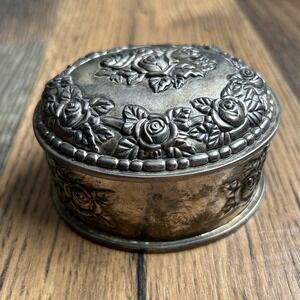 Vintage Ornate Silver Plated Oval Trinket Jewelry Box Repousse Floral Rose